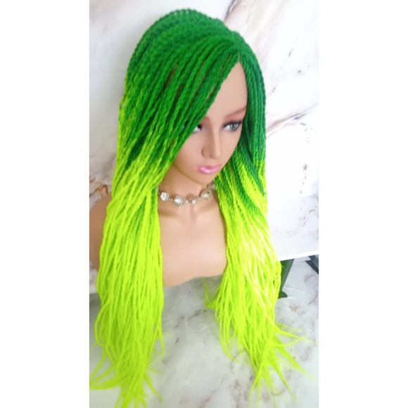 Green Florescent  Ombre Senegalese Twist Braid Wig Glow in The Dark Braids Neon - Picture 8 of 9